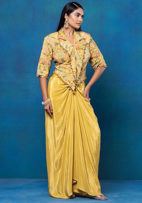 Yellow Pleated Skirt Set With Floral Print Embellished Blouse