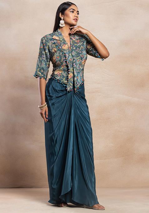 Teal Blue Pleated Skirt Set With Floral Print Embellished Blouse