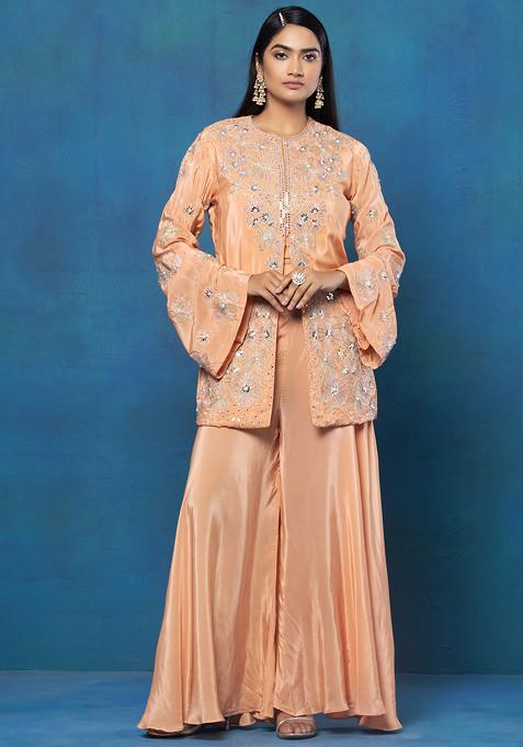 Peach Mirror Bead Hand Embellished Kurta Set With Inner Blouse And Palazzo