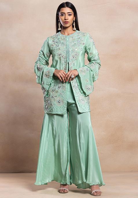 Green Mirror Bead Hand Embellished Kurta Set With Inner Blouse And Palazzo