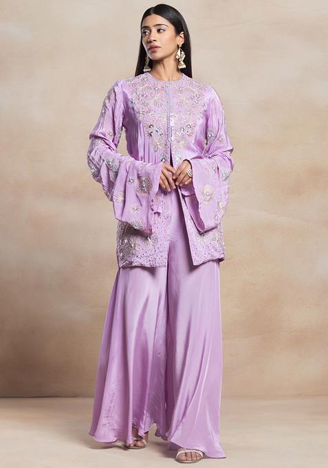 Lavender Mirror Bead Hand Embellished Kurta Set With Inner Blouse And Palazzo