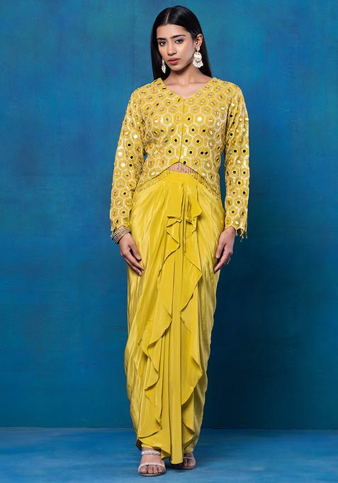 Yellow Mirror Bead Hand Embellished Kurta Set With Inner Blouse And Palazzo