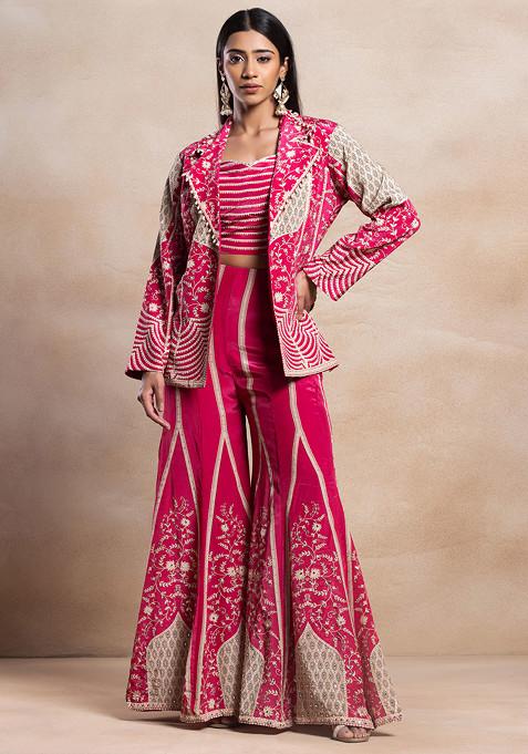 Hot Pink Floral Embellished Sharara Set With Mirror Embellished Blouse And Jacket