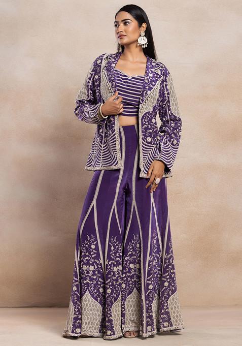 Purple Floral Embellished Sharara Set With Mirror Embellished Blouse And Jacket