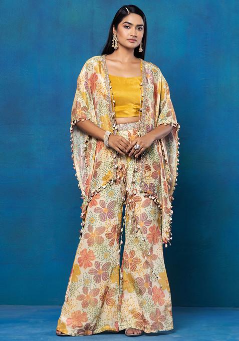 Yellow Floral Print Jacket Set With Blouse And Printed Palazzo