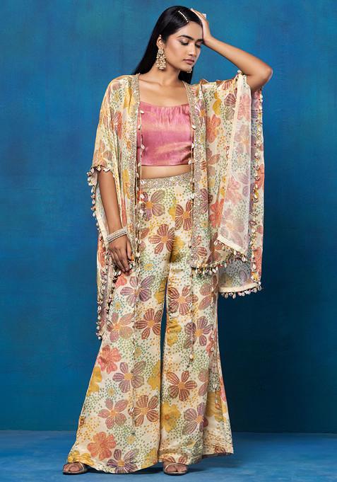 Peach Floral Print Jacket Set With Blouse And Printed Palazzo