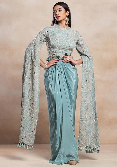 Sea Green Pleated Skirt Set With Zari Mirror Embroidered Blouse