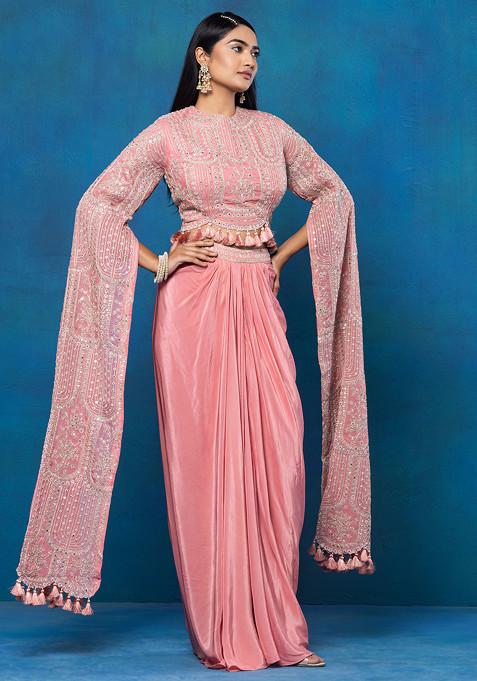Peach Pleated Skirt Set With Zari Mirror Embroidered Blouse