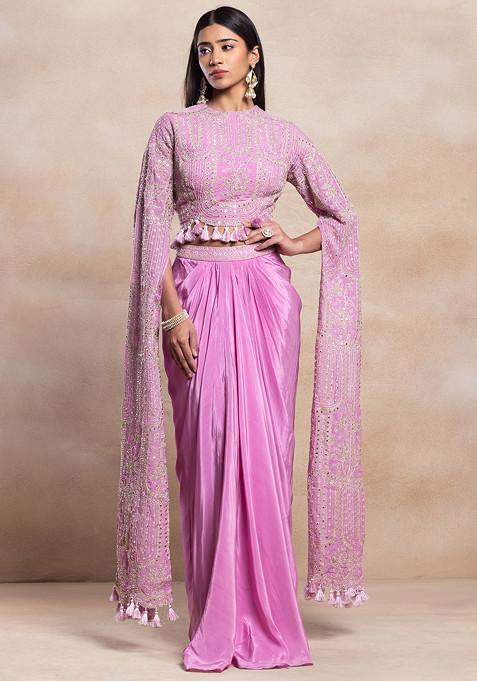 Dusty Pink Pleated Skirt Set With Zari Mirror Embroidered Blouse