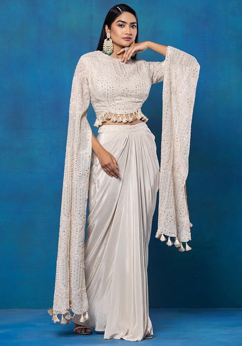 Beige Pleated Skirt Set With Zari Mirror Embroidered Blouse
