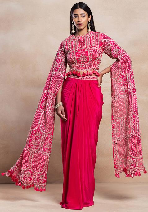 Hot Pink Pleated Skirt Set With Zari Mirror Embroidered Blouse