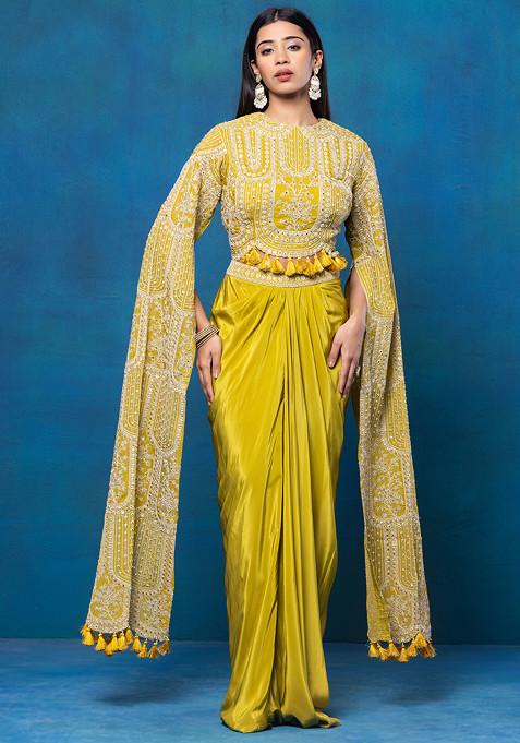 Lemon Green Pleated Skirt Set With Zari Mirror Embroidered Blouse