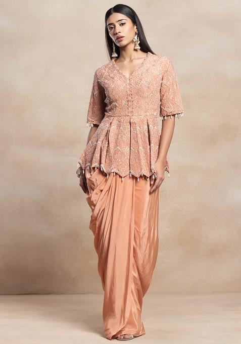 Peach Pleated Skirt Set With Zari Bead Embroidered Peplum Top
