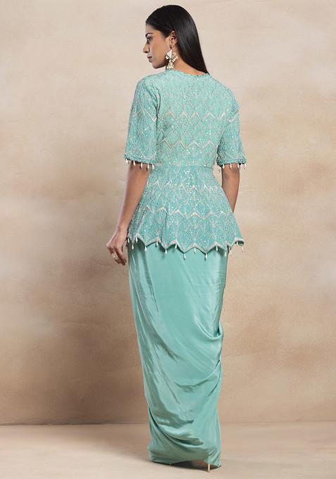 Women Sea Green Pleated Sleeve Tie-Up Top