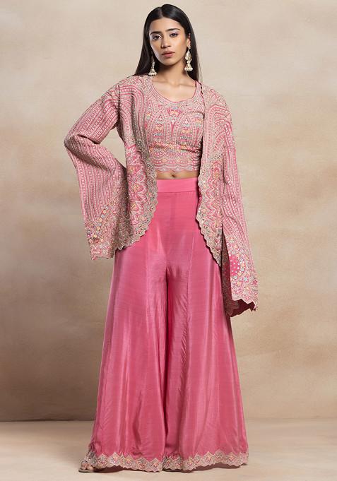 Pink Floral Zari Embroidered Jacket Set With Embroidered Blouse And Palazzo