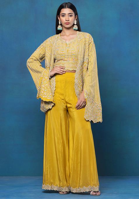 Yellow Floral Zari Embroidered Jacket Set With Embroidered Blouse And Palazzo