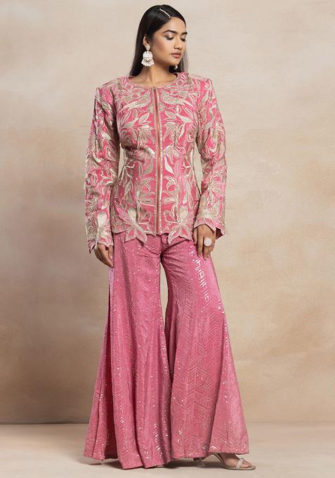 Pink Sequin Embellished Sharara Set With Zari Embroidered Short Kurta