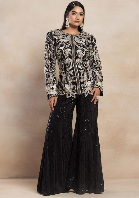 Black Sequin Embellished Sharara Set With Zari Embroidered Short Kurta