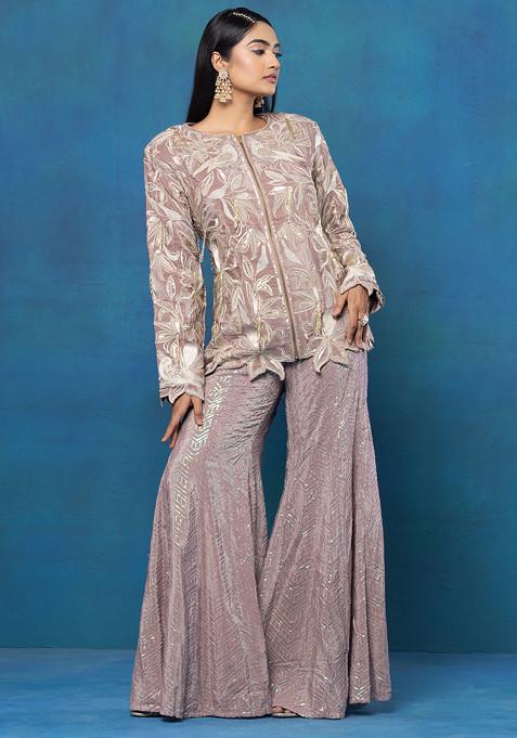 Beige Sequin Embellished Sharara Set With Zari Embroidered Short Kurta