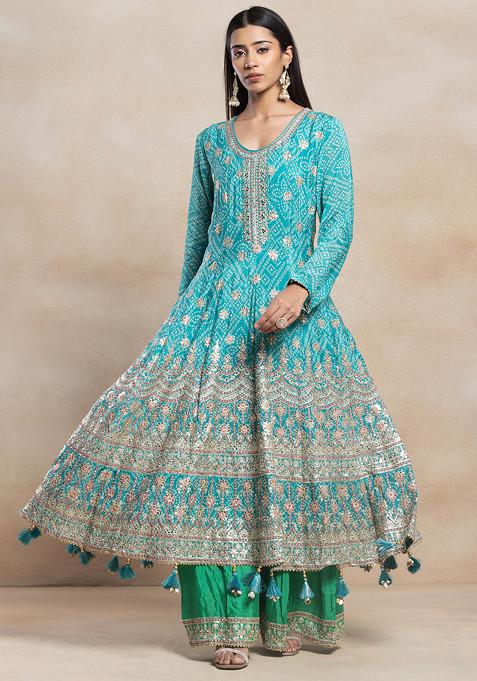 Blue Sequin Mirror Embroidered Printed Anarkali Kurta Set With Palazzo And Dupatta