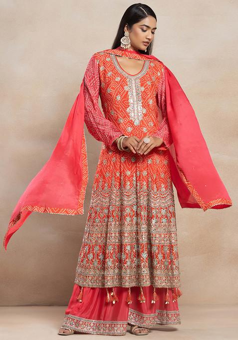 Red Sequin Mirror Embroidered Printed Anarkali Kurta Set With Palazzo And Dupatta