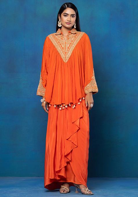 Orange Sequin Zari Embroidered Kurta Set With Dhoti
