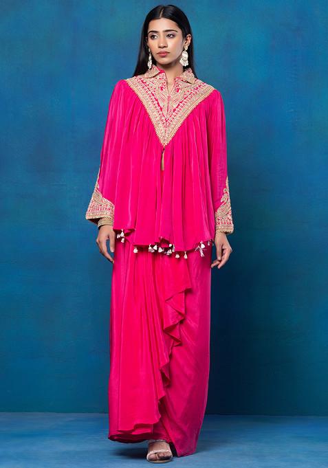 Fuchsia Pink Sequin Zari Embroidered Kurta Set With Dhoti