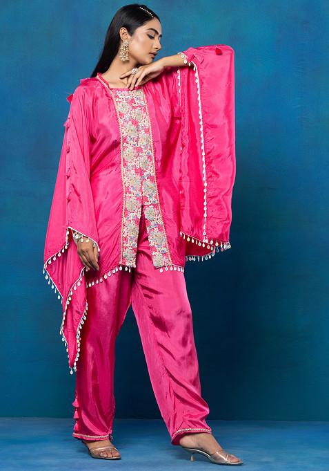 Light Pink Zari Thread Embellished Kaftan Kurta Set With Pants