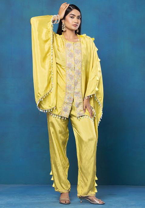 Yellow Zari Thread Embellished Kaftan Kurta Set With Pants