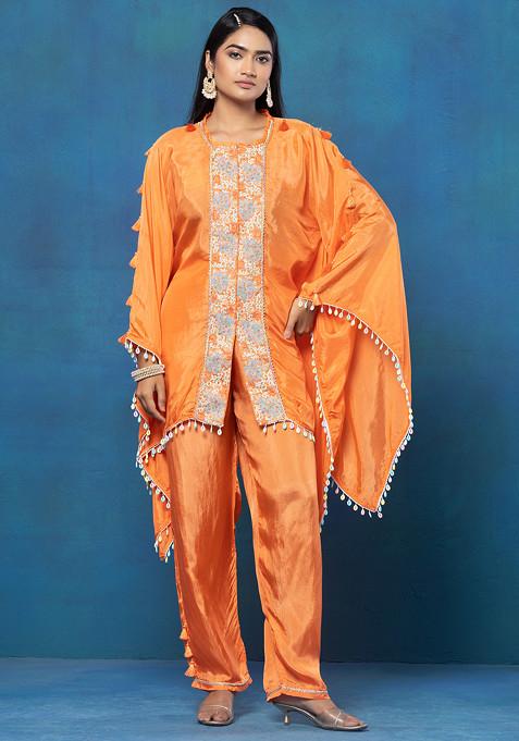Orange Zari Thread Embellished Kaftan Kurta Set With Pants