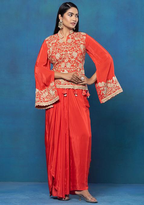 Red Floral Zari Bead Embroidered Short Kurta Set With Dhoti Skirt