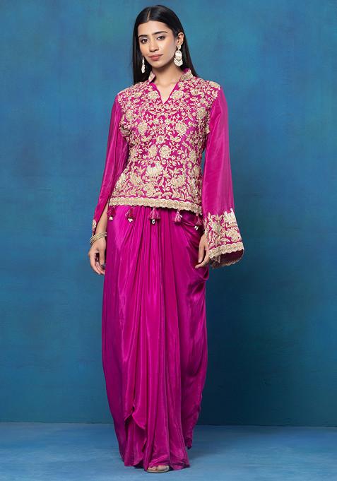 Magenta Floral Zari Bead Embroidered Short Kurta Set With Dhoti Skirt