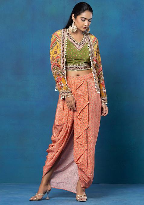 Yellow Printed Mirror Embroidered Jacket Set With Green Embroidered Blouse And Dhoti