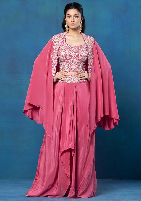 Pink Floral Embroidered Short Jacket Set With Thread Embroidered Blouse And Dhoti
