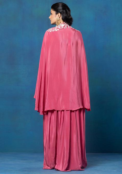 Hot pink Pure Cotton Full Flair Indowestern Dress with stylish Embroidered Short jacket main image 0