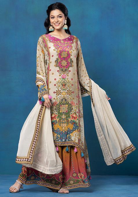 Brown Multicolour Abstract Print Embellished Kurta Set With Palazzo And Dupatta