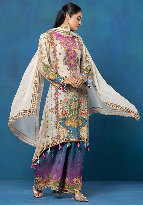 Blue Multicolour Abstract Print Embellished Kurta Set With Palazzo And Dupatta