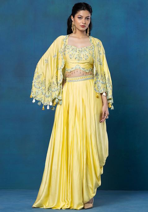 Yellow Floral Embroidered Jacket Set With Thread Embroidered Blouse And Draped Skirt