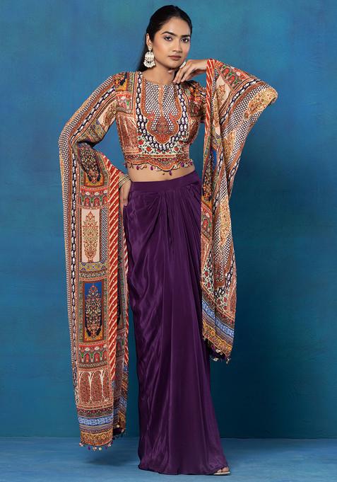 Purple Draped Skirt Set With Abstract Print Embellished Blouse