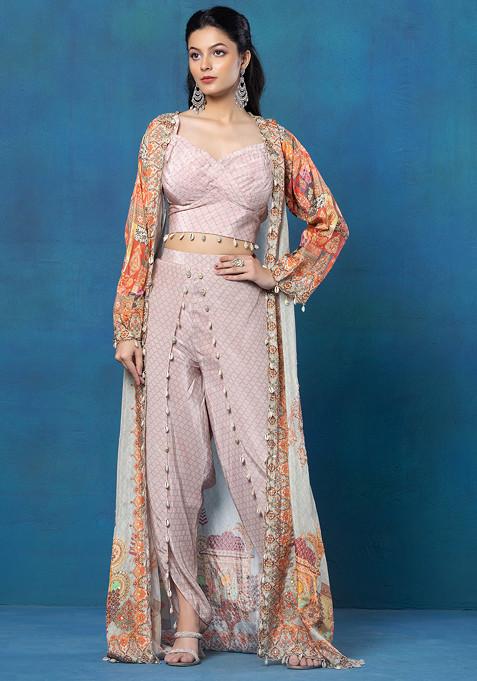 Pink Abstract Print Jacket Set With Embellished Blouse And Dhoti Pants