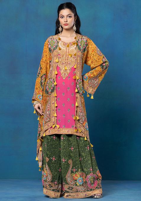 Pink Abstract Print Sharara Set With Embellished Kurta And Printed Jacket