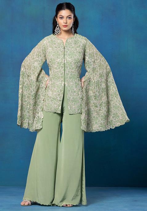 Pastel Green Floral Zari Embroidered Jacket Set With Sharara