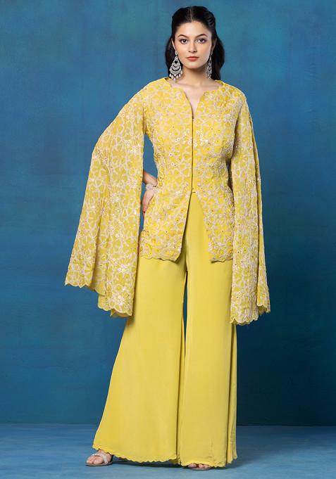 Yellow Floral Zari Embroidered Jacket Set With Sharara