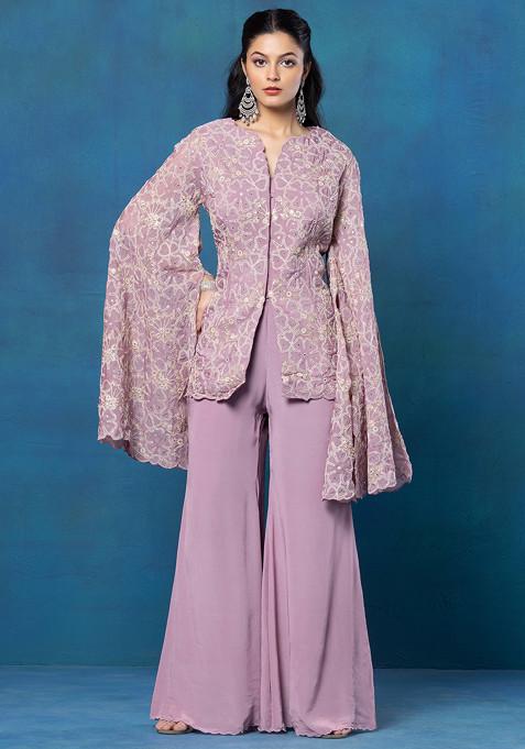 Dull Purple Floral Zari Embroidered Jacket Set With Sharara