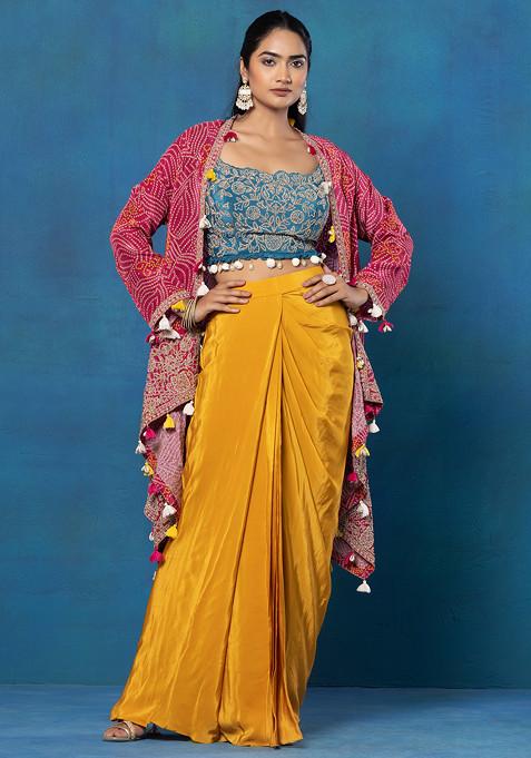 Red Bandhani Print Jacket Set With Blue Zari Embroidered Blouse And Dhoti Skirt