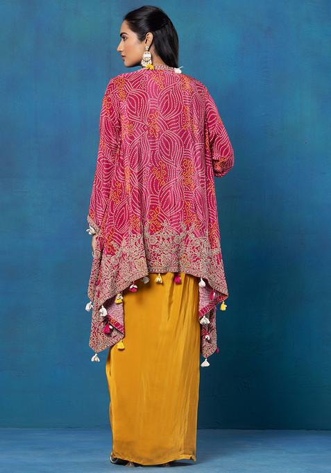 Bandhanl Print Dress Material with Zari Embroidered Neckline & Contrast Cream kurta