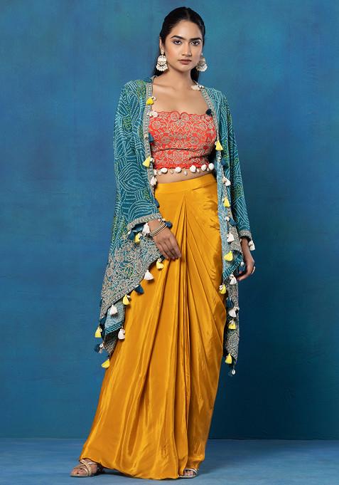 Blue Bandhani Print Jacket Set With Orange Zari Embroidered Blouse And Dhoti Skirt