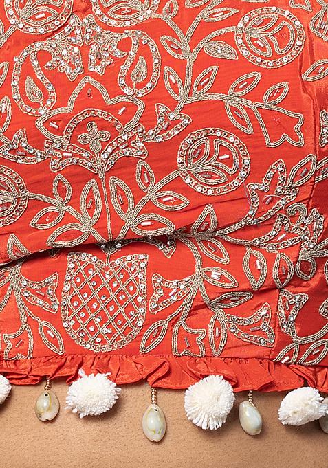 Orange Silk Crop Top And Wrap Skirt Set With Bandhani banarasi jacket main image 0