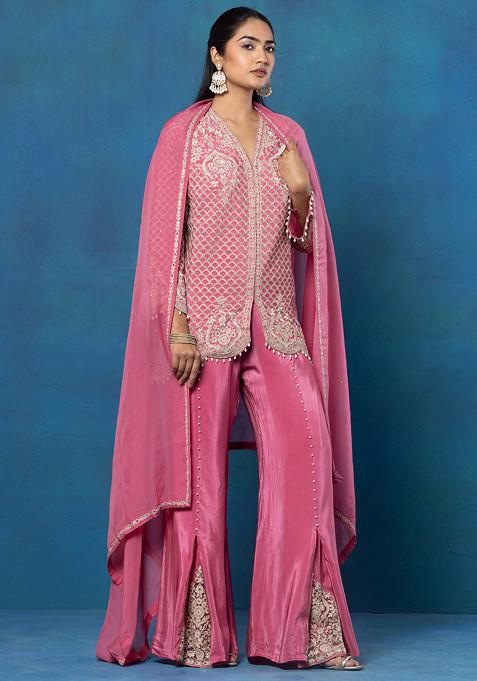 Pink Embroidered Satin Sharara Set With Abstract Embroidered Short Kurta And Dupatta