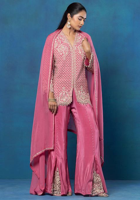 Embroidered short kurta with tiered sharara and dupatta